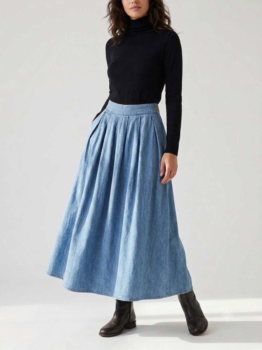 Calvin Klein Vintage Sports Light Blue Pleated Denim Maxi Skirt